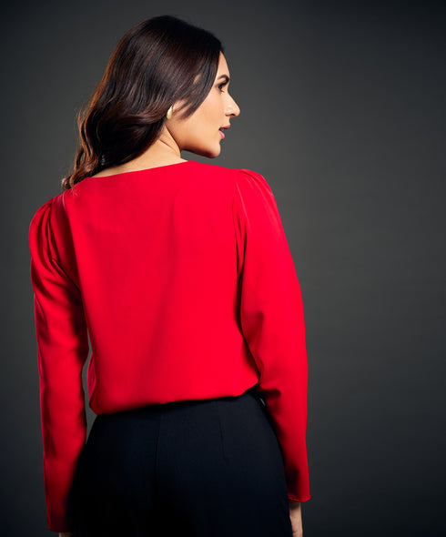 Vneck Detailed Chiffon Red Top